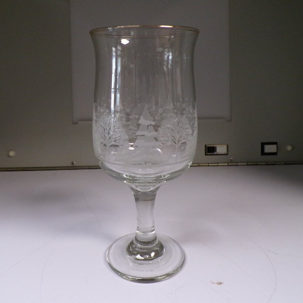 Vintage Libbey Arbys Frosted Winter Tree Scene Water Glass Goblet Gold Rim Wine